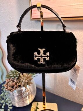 Tory Burch Black Velvet Mini Top-Handle Bag with Crystal Logo